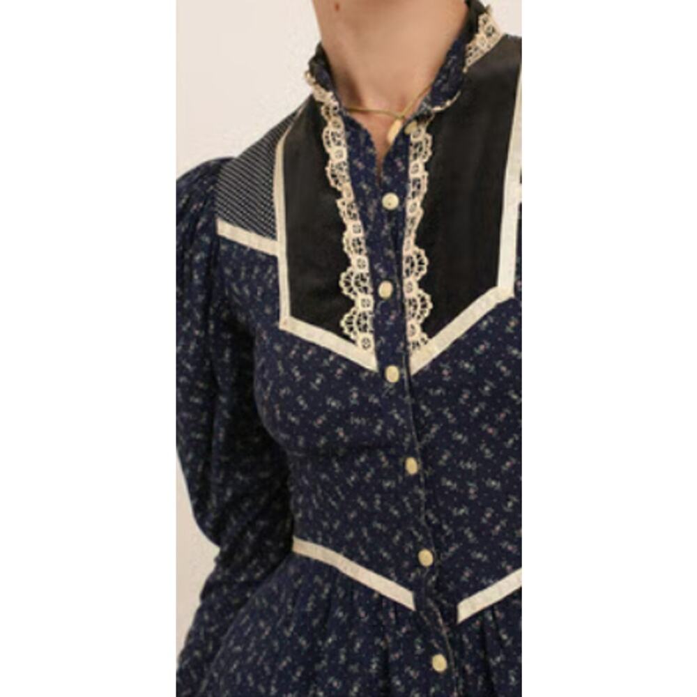 Vintage 70s Gunne Sax Black Floral Calico Midi Dress XS